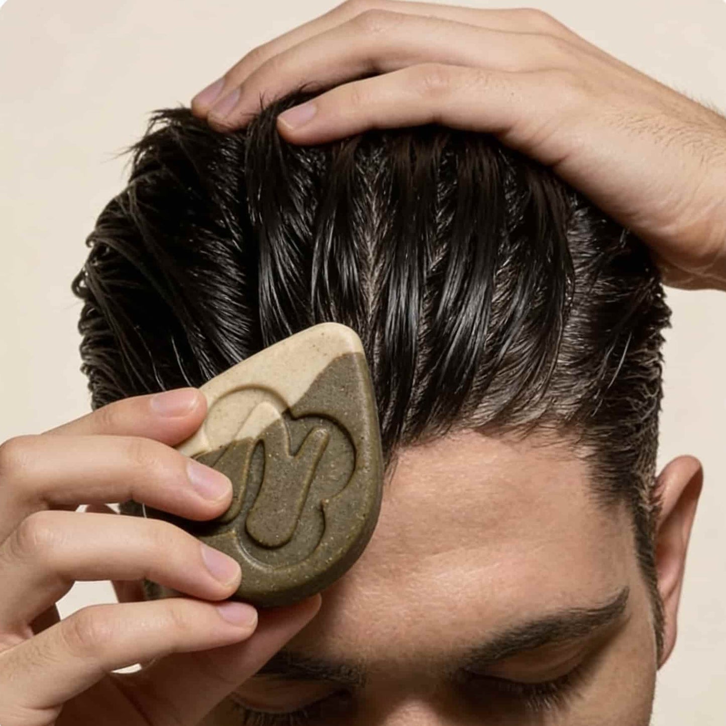 Alpine Reset clarifying shampoo bar results – man showcasing clean scalp and volumized hair from NZ glacial clay
