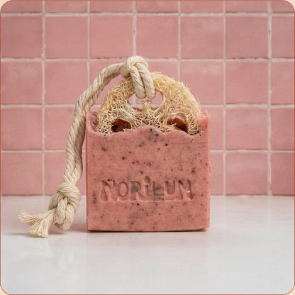 Hibiscus and lavender loofah soap bar for brightening and exfoliating skin by Norilum New Zealand