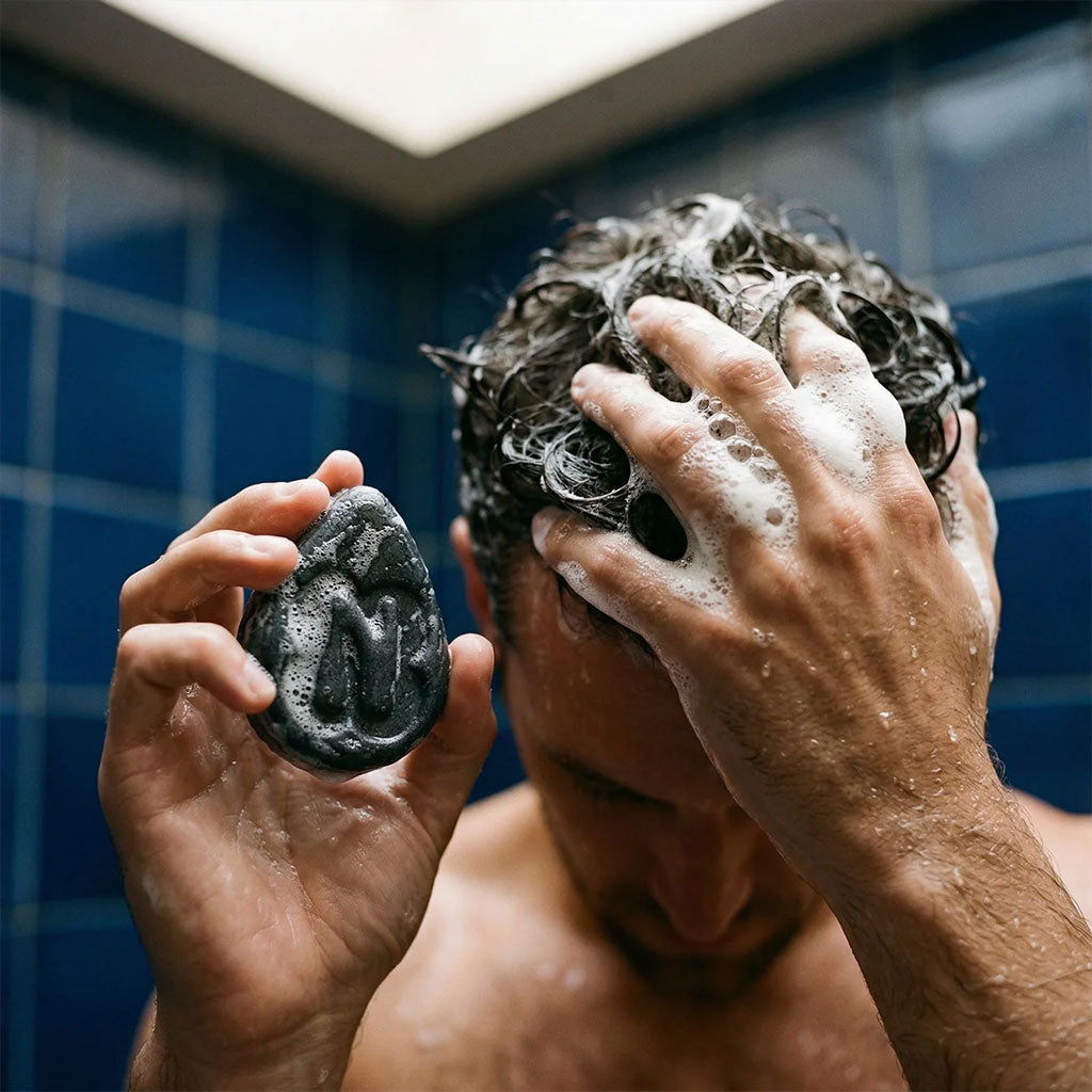 Activated charcoal solid shampoo bar for oily hair and volume handmade in New Zealand by Norilum for man 