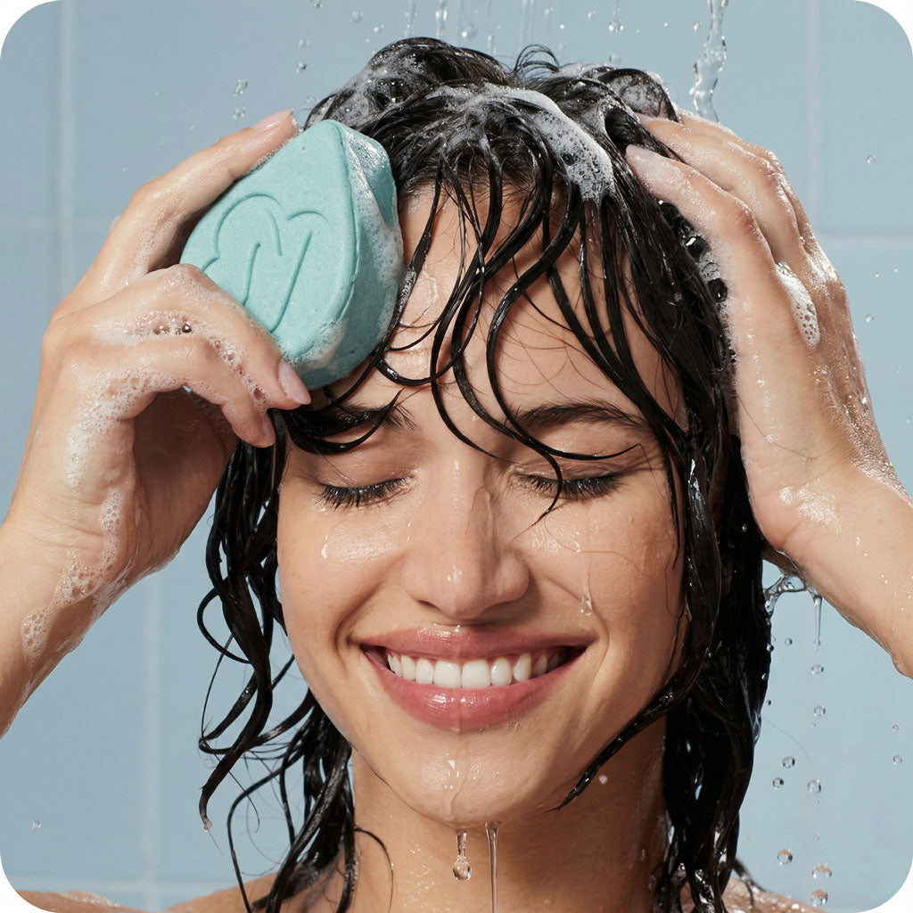 women washing hair with Blue Clay Repair shampoo bar for scalp detox and 
hair repair handmade in New Zealand by Norilum