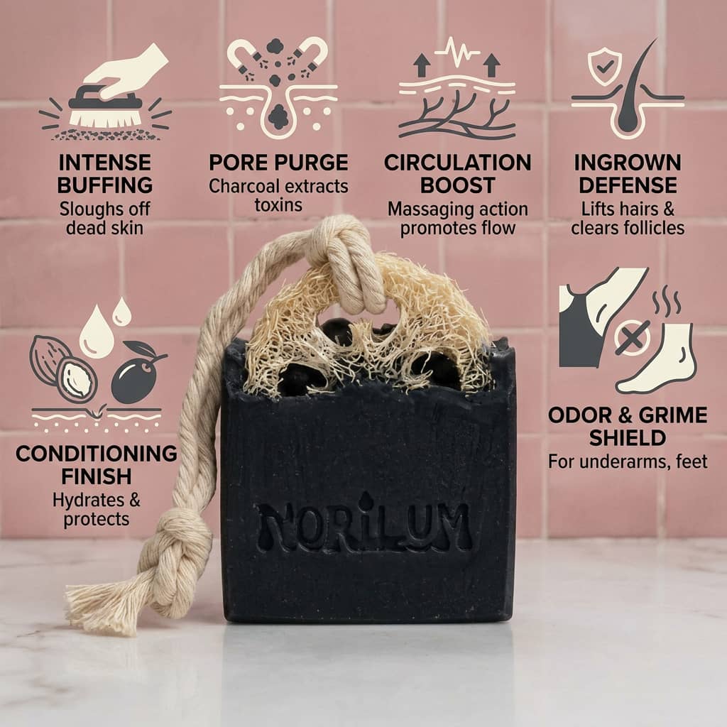 Deep Detox Exfoliating Loofah Bar with activated charcoal and natural loofah sponge