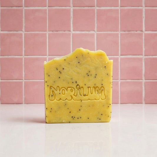 Handmade zesty lemon yellow clay poppy seed exfoliating soap bar by Norilum New Zealand