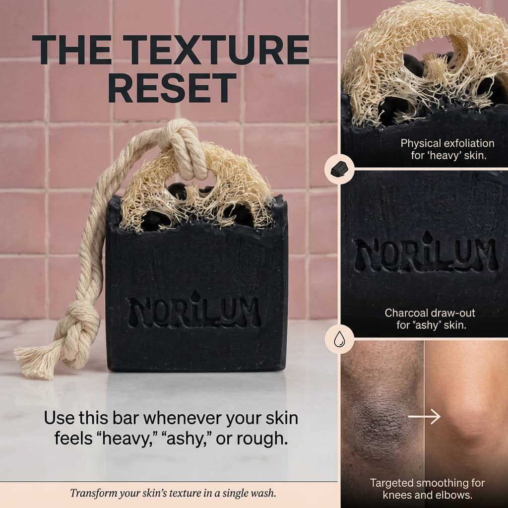 Exfoliating loofah soap bar for heels, elbows and knees , rough skin – activated charcoal detox
